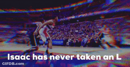 A Blurry Picture Of A Basketball Game With The Words Isaac Has Never Taken An L Above It GIF