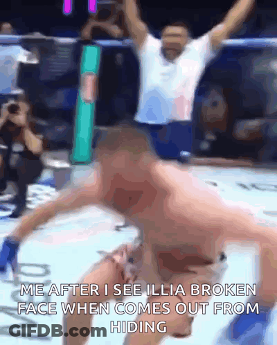 A Blurry Picture Of A Boxing Match With The Caption Me After I See Ilia Broken Face When Comes Out From Hiding . GIF