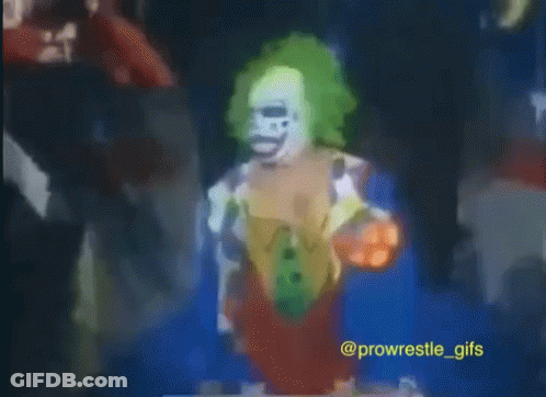 A Blurry Picture Of A Clown With The Hashtag Prowrestle_gifs On The Bottom GIF