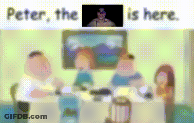 A Blurry Picture Of A Family Sitting Around A Table With The Words Peter The Is Here In The Corner GIF