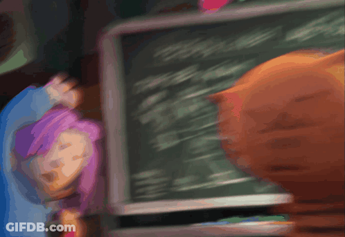 A Blurry Picture Of A Girl And A Cat Standing In Front Of A Chalkboard GIF