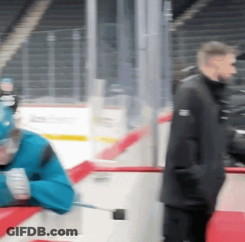 A Blurry Picture Of A Hockey Game With A Man Wearing A Black Jacket That Says Reebok On It GIF