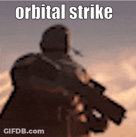 A Blurry Picture Of A Man Holding A Gun With The Words Orbital Strike Below Him GIF
