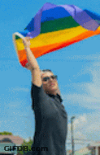 A Blurry Picture Of A Man Holding A Rainbow Flag In The Air . GIF