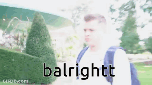 A Blurry Picture Of A Man With A Backpack And The Word Balrightt On The Bottom GIF