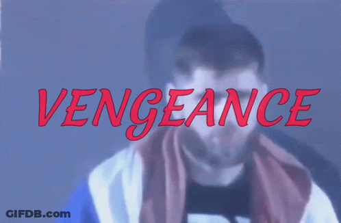 A Blurry Picture Of A Man With The Word Vengeance Written In Red GIF