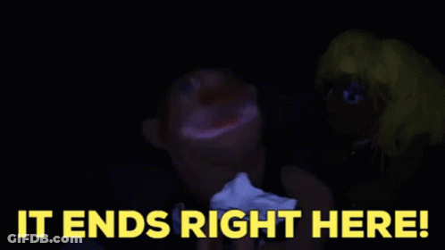 A Blurry Picture Of A Person 'S Face With The Words `` It Ends Right Here '' In Yellow Letters . GIF