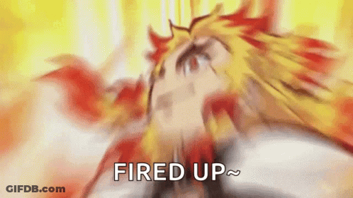 A Blurry Picture Of A Person With Fire Coming Out Of Their Mouth And The Words `` Fired Up '' Written On It . GIF