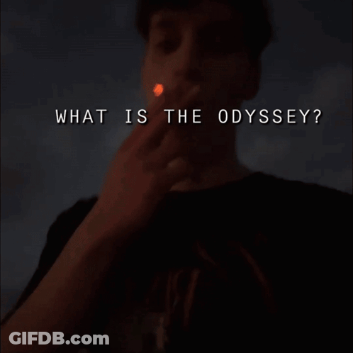 A Blurry Picture Of A Person With The Words " What Is The Odyssey " Below It GIF