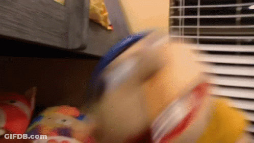 A Blurry Picture Of A Stuffed Animal Being Thrown Into A Container GIF