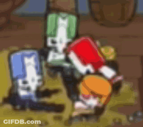 A Blurry Picture Of Three Cartoon Characters Standing Next To Each Other . GIF
