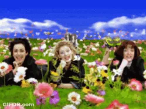 A Blurry Picture Of Three Women Laying In A Field Of Flowers GIF