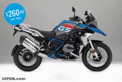 A Bmw Gs Motorcycle With A Price Tag Of $ 260 Nz Per Day GIF