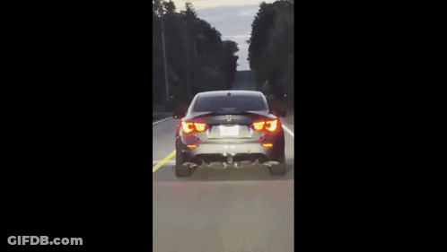 A Bmw Is Driving Down A Road With Trees On Both Sides GIF