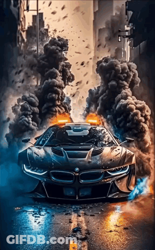 A Bmw Is Driving Down A Street With Smoke And Smoke Coming Out Of It GIF