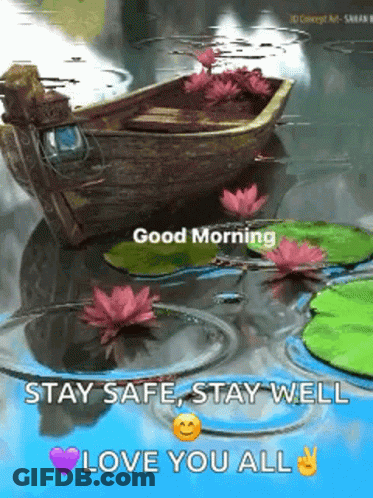 A Boat Is Floating In A Pond With Water Lilies And Flowers And Says Good Morning Stay Safe Stay Well Love You All GIF