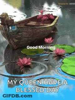 A Boat Is Floating On Top Of A Body Of Water With Lotus Flowers . GIF