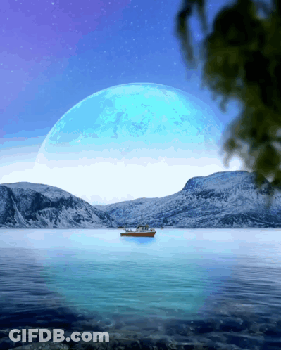 A Boat Is In The Middle Of A Lake With A Blue Moon In The Background GIF