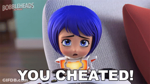 A Bobblehead Holding A Video Game Controller With The Words You Cheated GIF