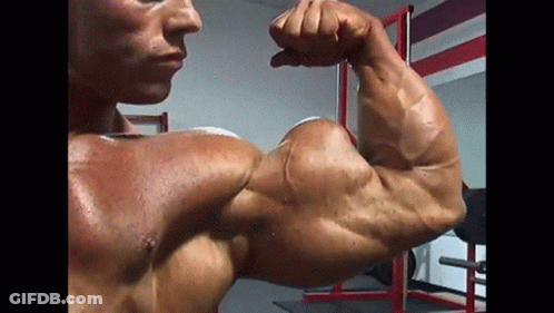 Bodybuilder Flexing Muscles In Front Of Mirror GIF