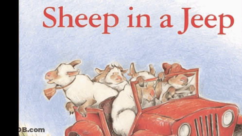 A Book Called Sheep In A Jeep Has A Picture Of Sheep Driving A Red Jeep GIF