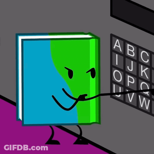 A Book With A Face And Arms Is Standing In Front Of A Board With The Letters Of The Alphabet On It GIF