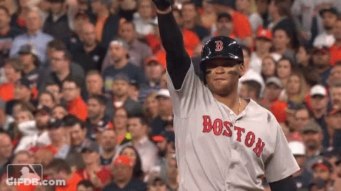 A Boston Baseball Player Stands In Front Of A Crowd With His Arm In The Air GIF