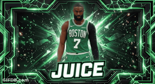 A Boston Basketball Player Named Juice Is Standing In Front Of A Green Background GIF