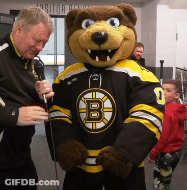 A Boston Bruins Mascot Is Being Interviewed By A Reporter GIF