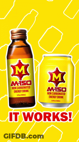 A Bottle And Can Of M150 Non Carbonated Energy Drink GIF