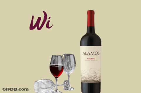 A Bottle Of Alamos Malbec Wine Next To Two Glasses Of Wine GIF