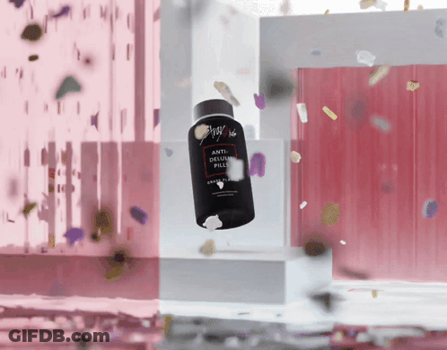 A Bottle Of Anti-Delusion Pills Is Floating In The Air Surrounded By Confetti GIF