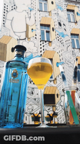 A Bottle Of Bombay Gin Sits Next To A Full Glass GIF