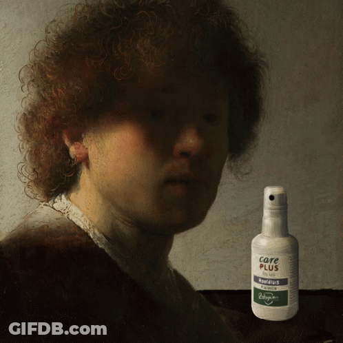 A Bottle Of Care Plus Is Next To A Painting Of A Man GIF