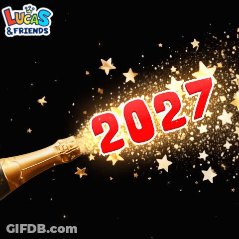 A Bottle Of Champagne Is Being Opened And The Year 2027 Is Being Displayed GIF