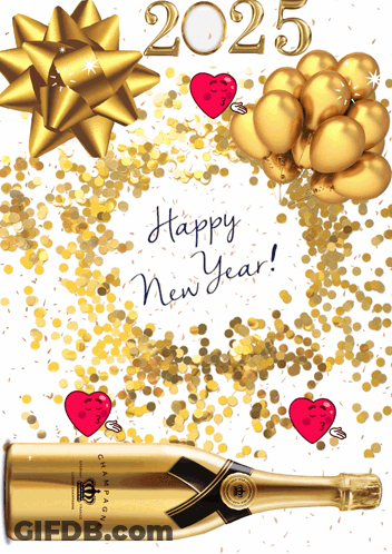 A Bottle Of Champagne Is Surrounded By Gold Confetti And Balloons With The Words Happy New Year Written On It GIF
