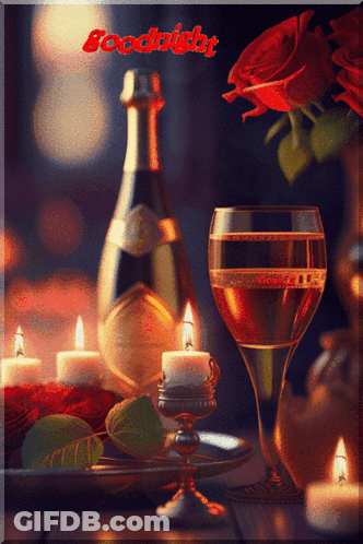 A Bottle Of Champagne Sits Next To A Glass Of Wine With Candles Lit GIF