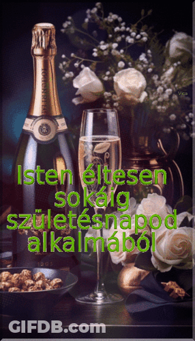 A Bottle Of Champagne Sits On A Table Next To A Glass Of Champagne GIF