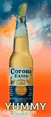 A Bottle Of Corona Extra Beer Says Yummy On The Bottom GIF