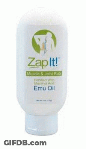 A Bottle Of Emu Oil Is Sitting On Top Of A White Package . GIF
