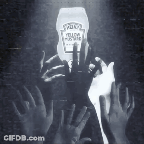 A Bottle Of Heinz Yellow Mustard Is Being Held By A Crowd Of Hands GIF