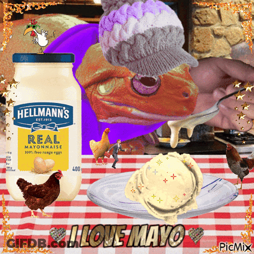 A Bottle Of Hellmann 'S Real Mayonnaise Sits On A Table Next To Chickens GIF
