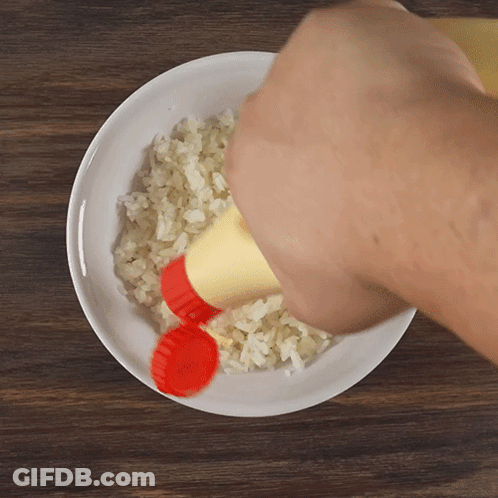 A Bottle Of Mayonnaise Is Being Poured Over Rice On A Plate GIF