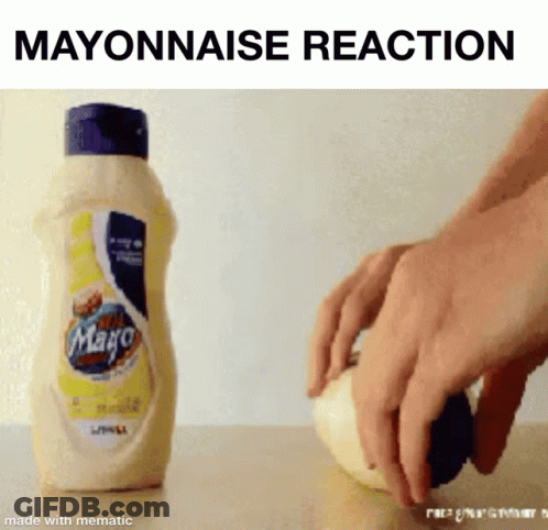 A Bottle Of Mayonnaise Next To A Person Cutting An Egg On A Table GIF