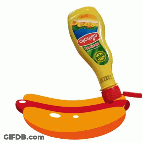 A Bottle Of Minholo Mustard Is Poured Onto A Hot Dog GIF
