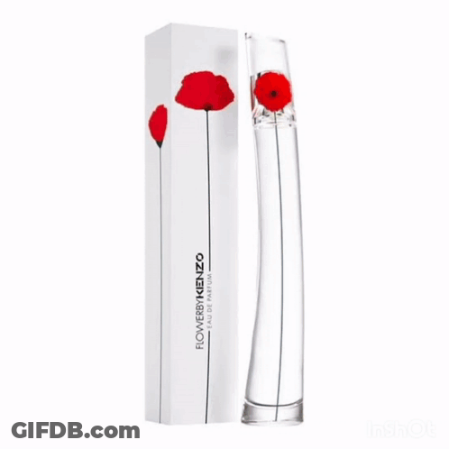 A Bottle Of Perfume With A Red Flower On The Top GIF