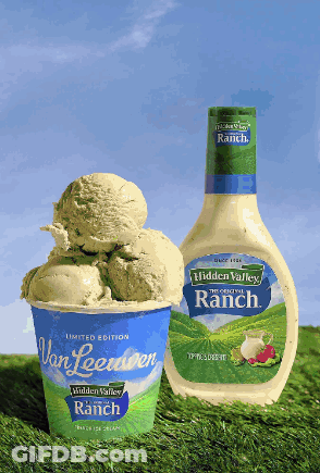 A Bottle Of Ranch Next To A Cup Of Ice Cream GIF