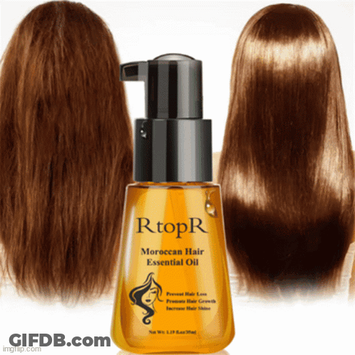 A Bottle Of Rtopr Moroccan Hair Essential Oil Next To A Picture Of Hair GIF