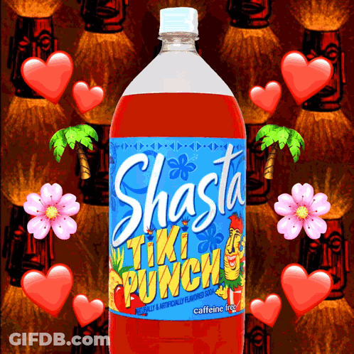 A Bottle Of Shasta Tiki Punch Is Surrounded By Tiki Statues GIF