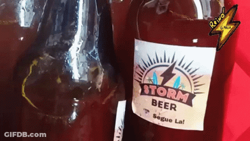 A Bottle Of Storm Beer Has A Lightning Bolt On It GIF